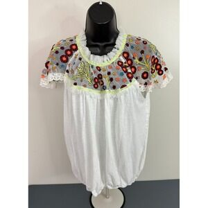 Cato Women's Ruffled Embroidered Floral Short Sleeve Boho Top White Size 18/20W
